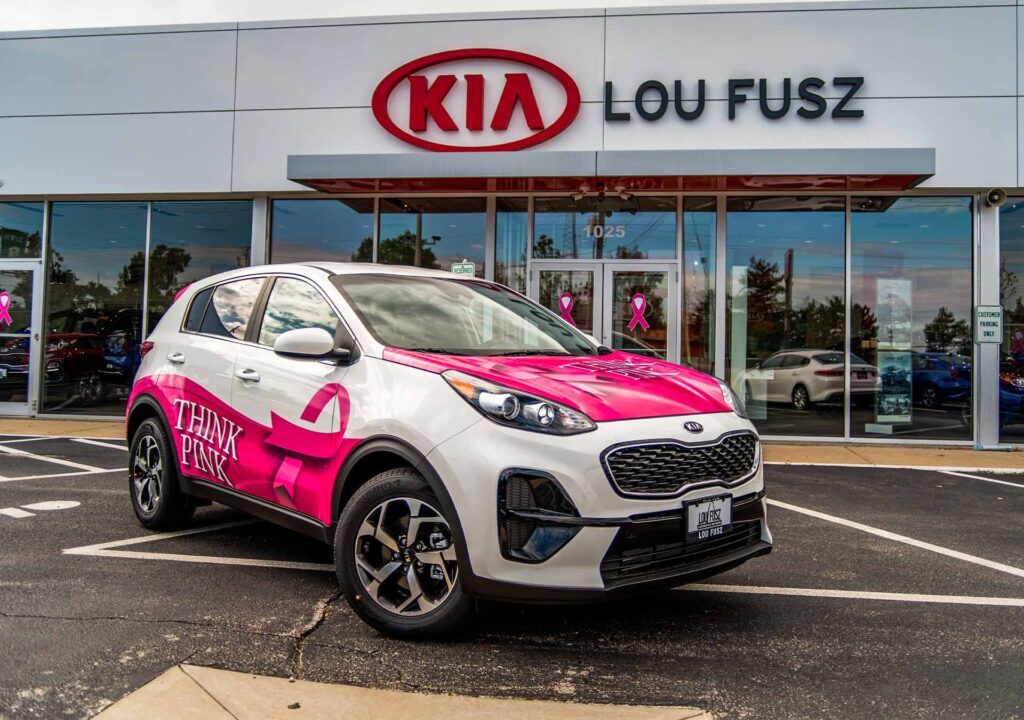 Lou Fusz Kia Think Pink Partial Vehicle Wrap near St. Louis
